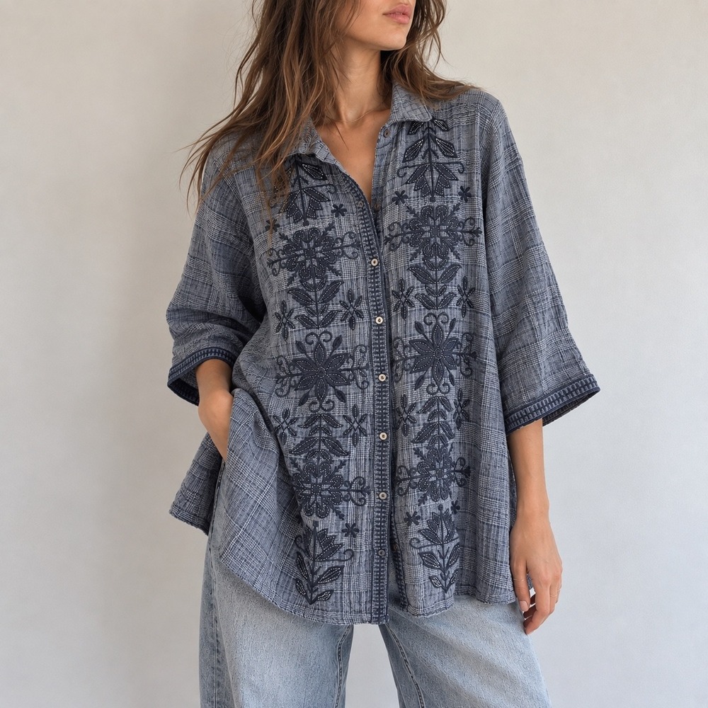 Johnny Was Blue Embroidered Gauze Shirt Boho Floral Medium Cottagecore Folk